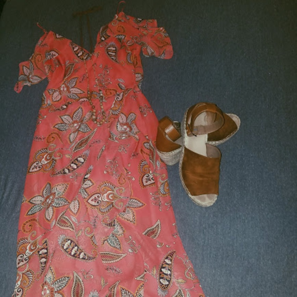 Coral maxi dress with brown floral design